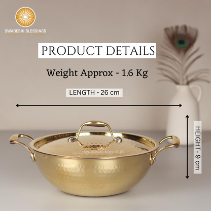 Swadeshi Blessings Exclusive Range Brass Kadai for Cooking, with Lid/Teflon-Free/Naturally Non-Stick Brass Utensils with Tin Coating