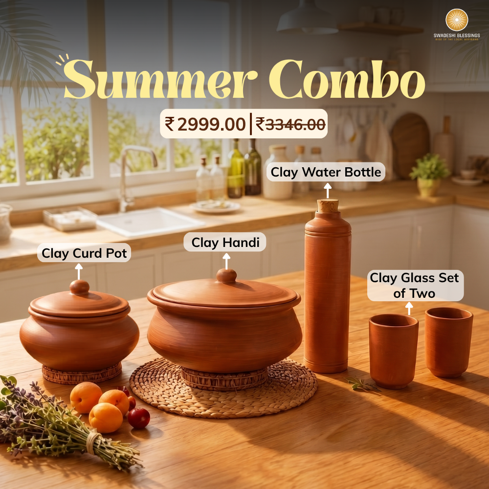 Everyday Summer Clay Essentials Combo : Clay Pot for Cooking &amp; Serving-2.8L + Clay Curd Pot-1.3L + Clay Water Bottle 1L + Clay Glass Set of 2
