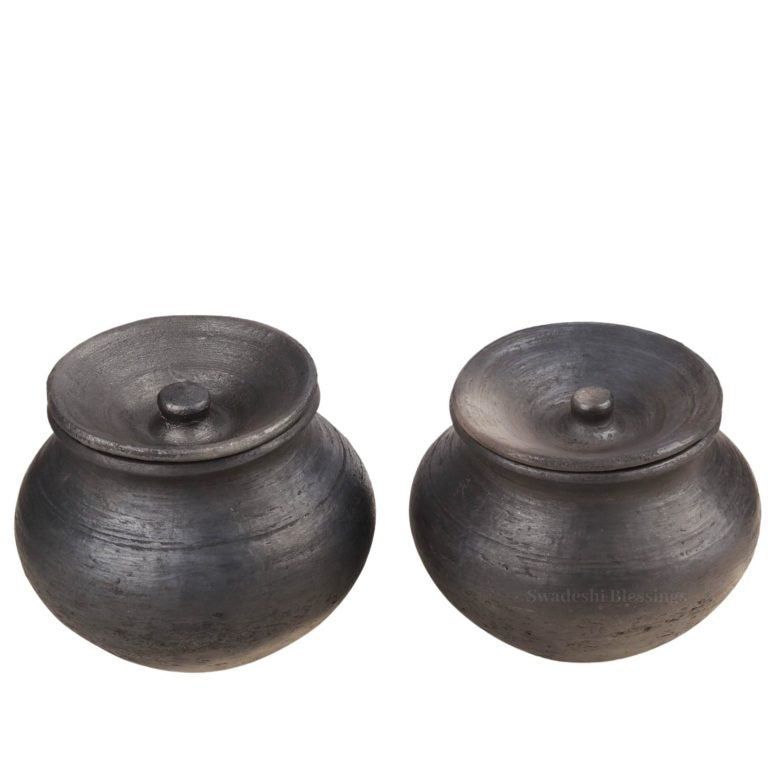 Swadeshi Blessings Exclusive Range Unglazed Clay Handi/Earthen Pot Combo for Cooking with Lid, 1.5Ltr Each (with Natural Firing Shade &amp; Mirror Shine) + Free ASH for Cleaning