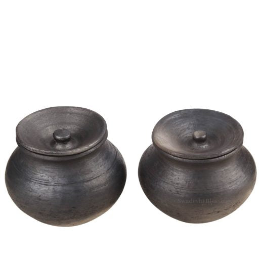 Swadeshi Blessings Exclusive Range Unglazed Clay Handi/Earthen Pot Combo for Cooking with Lid, 1.5Ltr Each (with Natural Firing Shade &amp; Mirror Shine) + Free ASH for Cleaning