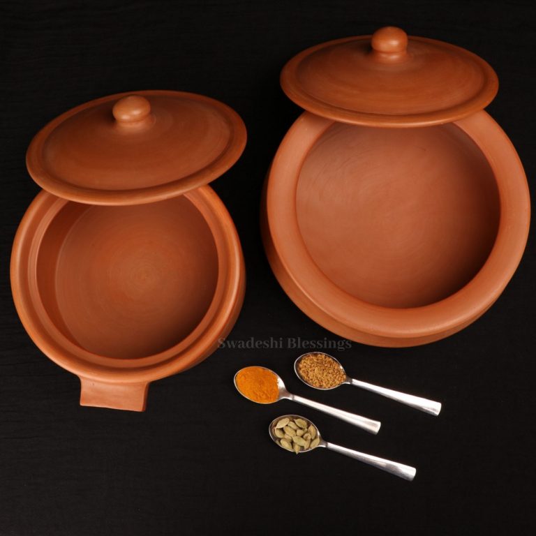 Swadeshi Blessings Exclusive Range Unglazed Clay Handi/Hot Case/Earthen Kadai/Clay Pots Combo For Cooking & Serving With Lid, 2.8Liters Each (With Natural Firing Shade )+FREE ASH For Cleaning