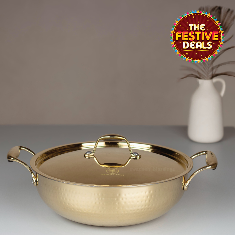 Swadeshi Blessings Exclusive Range Brass Kadai for Cooking, with Lid/Teflon-Free/Naturally Non-Stick Brass Utensils with Tin Coating