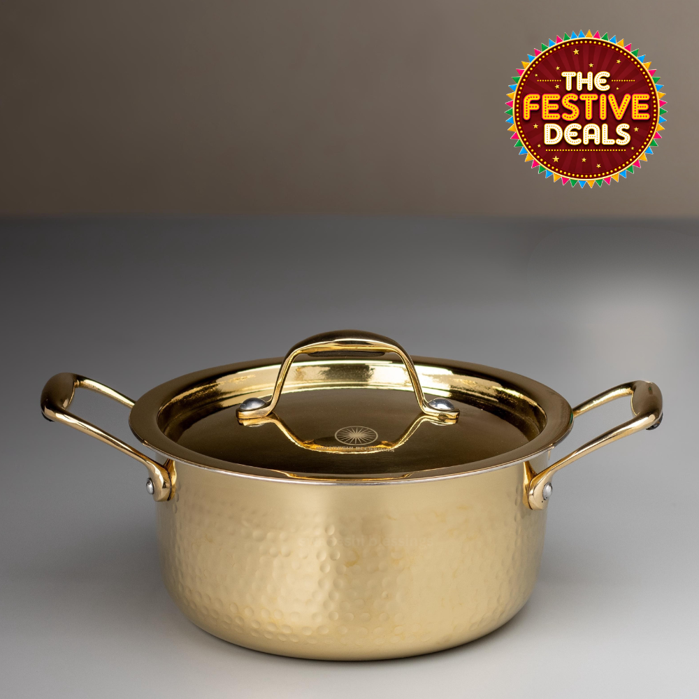 Swadeshi Blessings Exclusive Range Brass Bhagona for Cooking, with Lid/Teflon-Free/Naturally Non-Stick Brass Utensils with Tin Coating