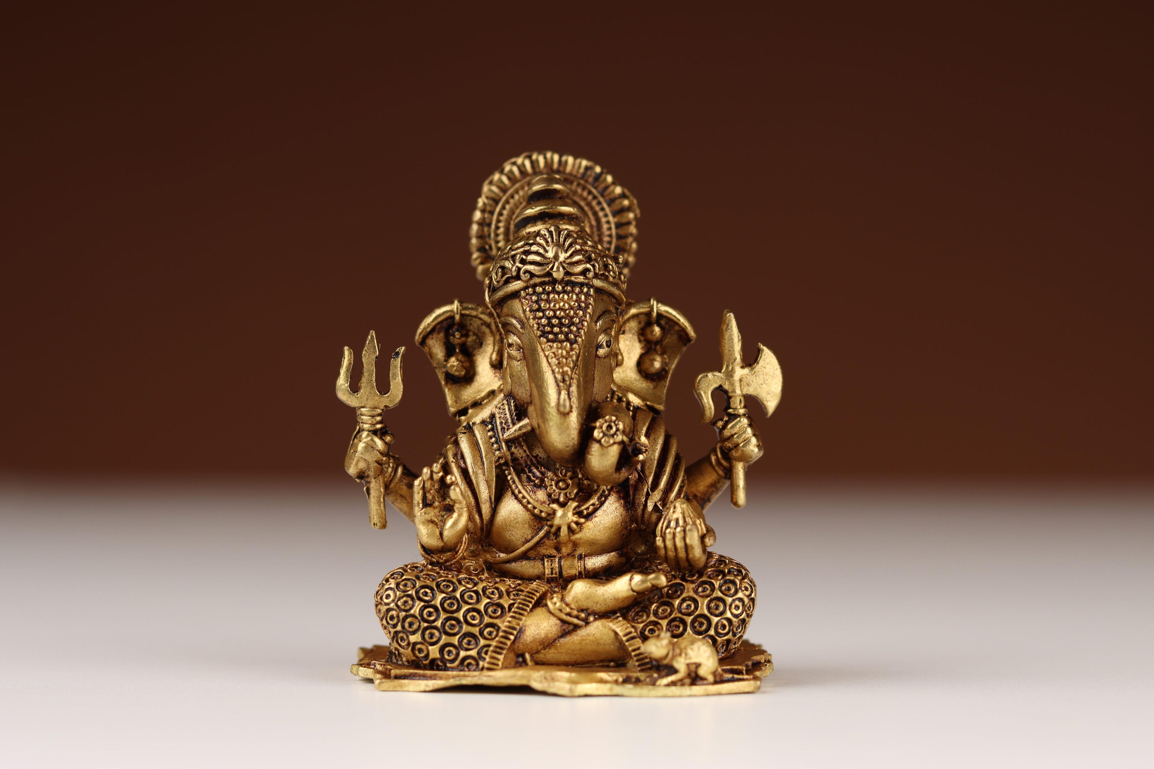 Brass Ganesha Idol with Trishul &amp; Parashu | Ganpati Murti for Home Mandir