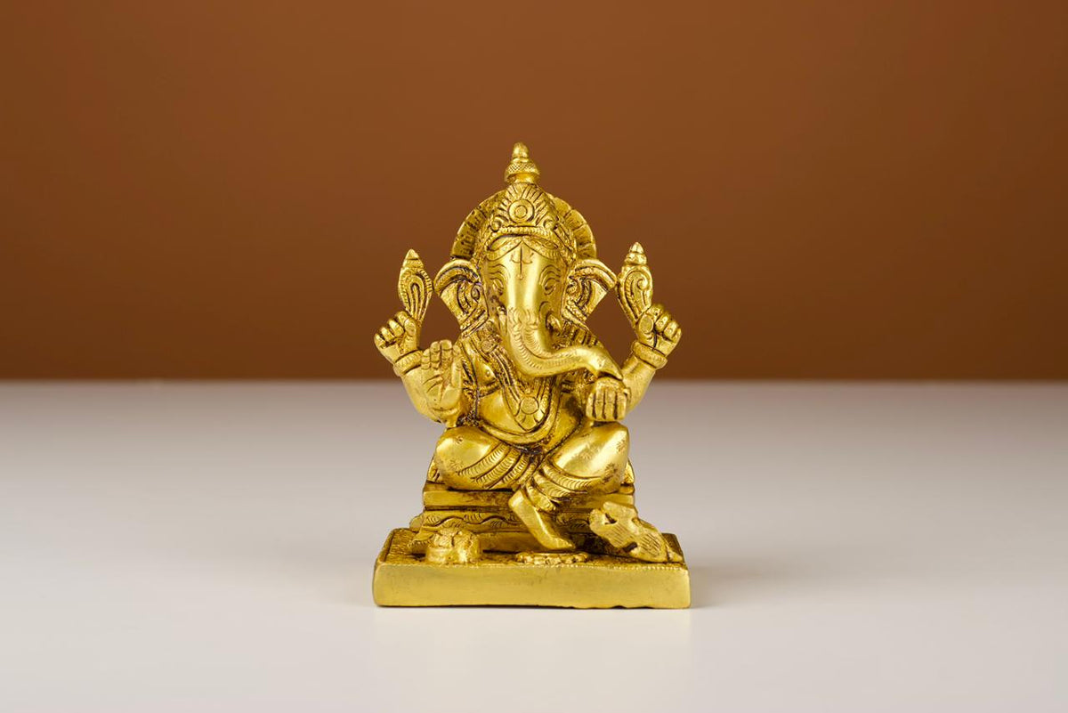 Brass Ganesha Idol Seated with Ceremonial Emblems, Ganpati Murti, For Mandir &amp; Puja Ghar