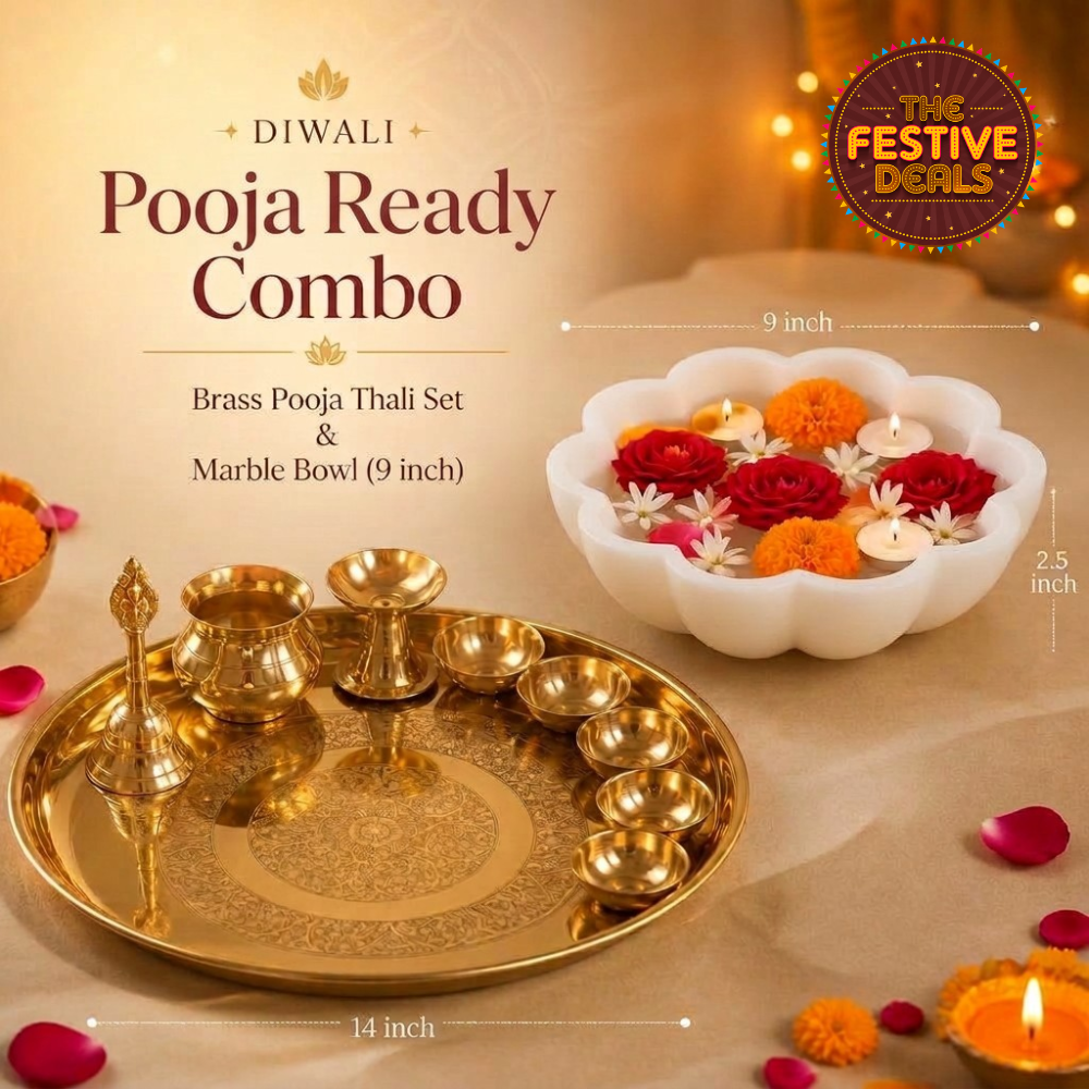 Vintage Brass Pooja Thali Set-12Inch(10Pcs) and Scalloped Marble Bowl Combo