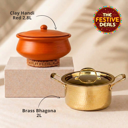 Clay Handi &amp; Brass Bhagona Combo for Cooking &amp; Serving with Lids – 2.8L &amp; 2L + FREE Ash for Cleaning