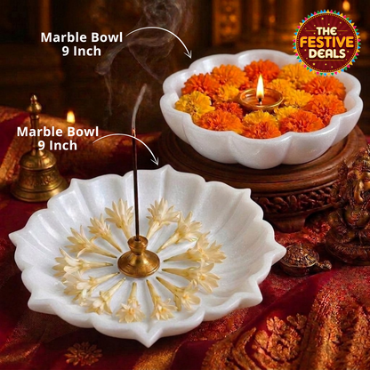 Handcrafted Marble Ashtkon Bowl 9 Inch + Scalloped Urli Bowl 9 Inch | Modern Home Decor Bowl | Decorative Urli | Floating Flower Bowl | Pooja Decor