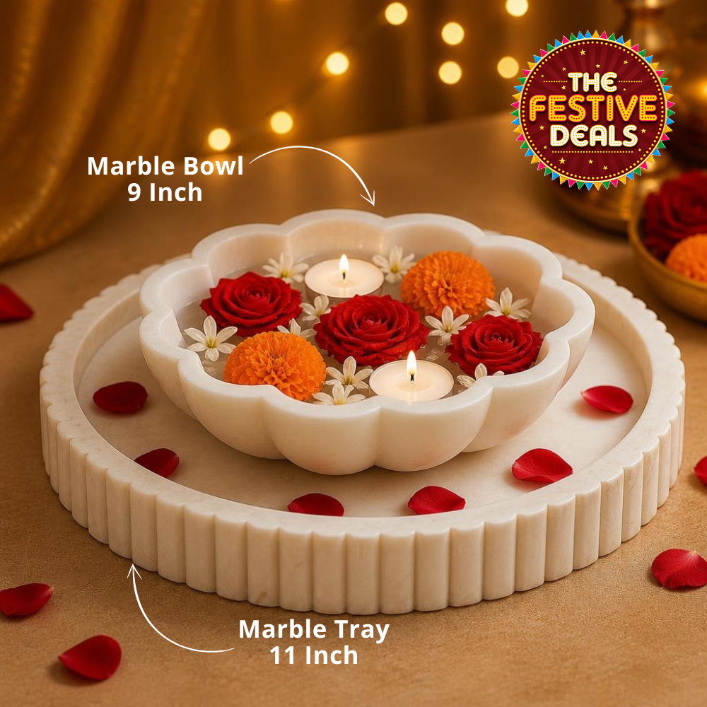 Handcrafted White Marble Ruffle Bowl 9 Inch + Round Marble Tray 11 Inch | Decorative Urli | Pooja Decor | Floating Flower Bowl