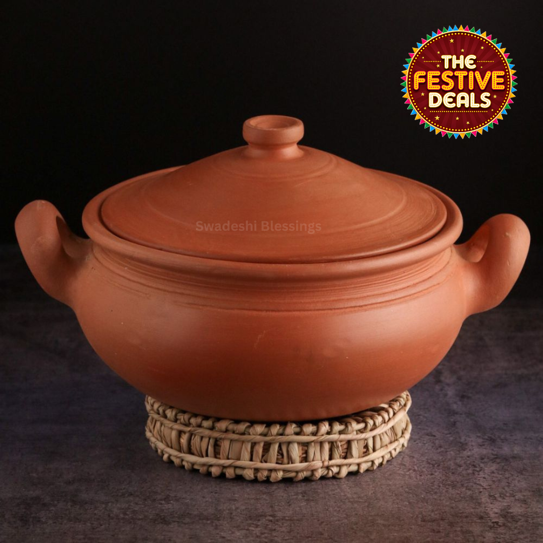 Unglazed Clay Pot For Cooking &amp; Serving with Lid/ Handmade Earthen Kadai / Mud Handi/ Mitti Ke Bartan (With Mirror Finish) + FREE ASH For Cleaning