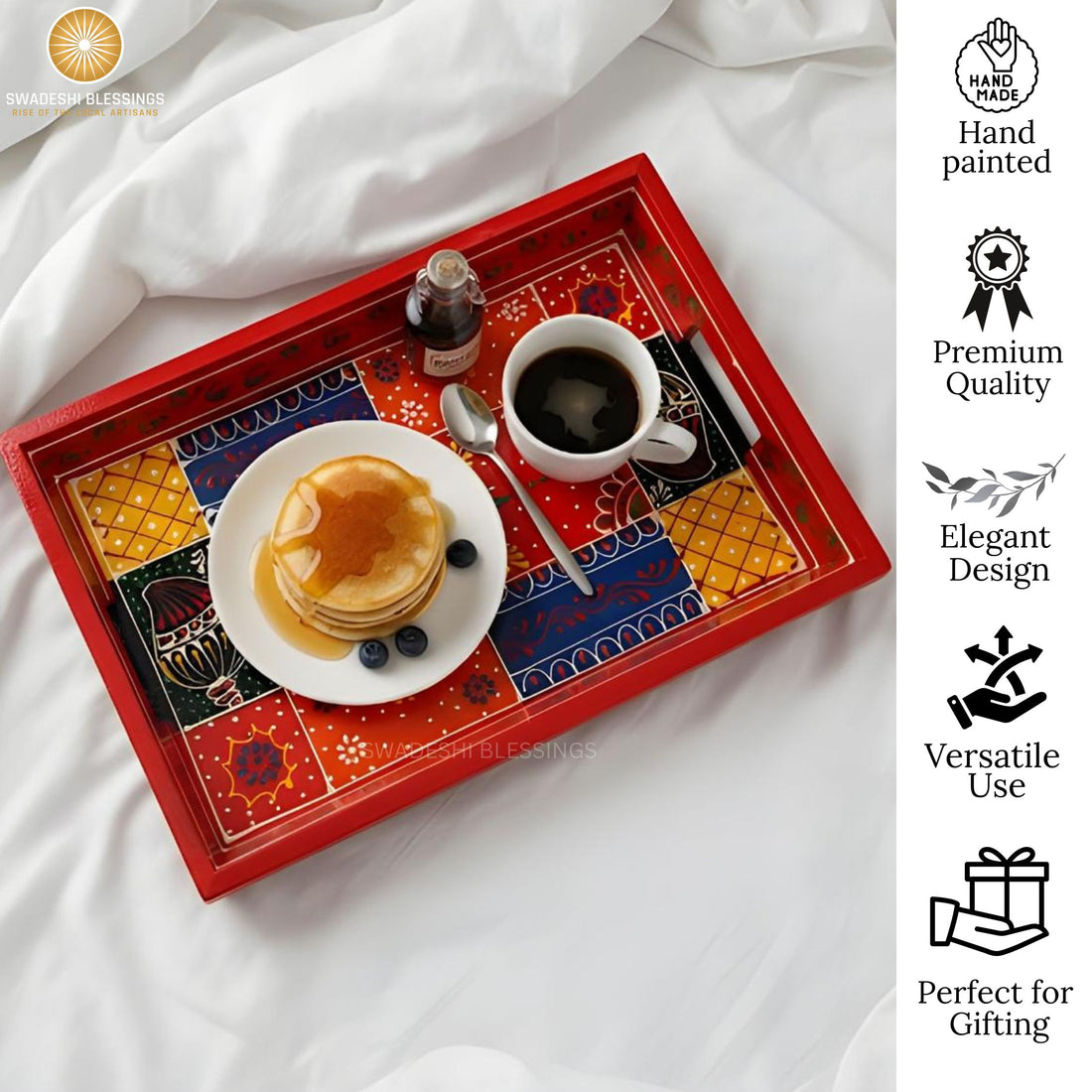 Wooden Tray for Serving- Handcrafted &amp; Hand-Painted for Kitchen/Table &amp; Home Decor/Gifts, (Single Tray) (Red)