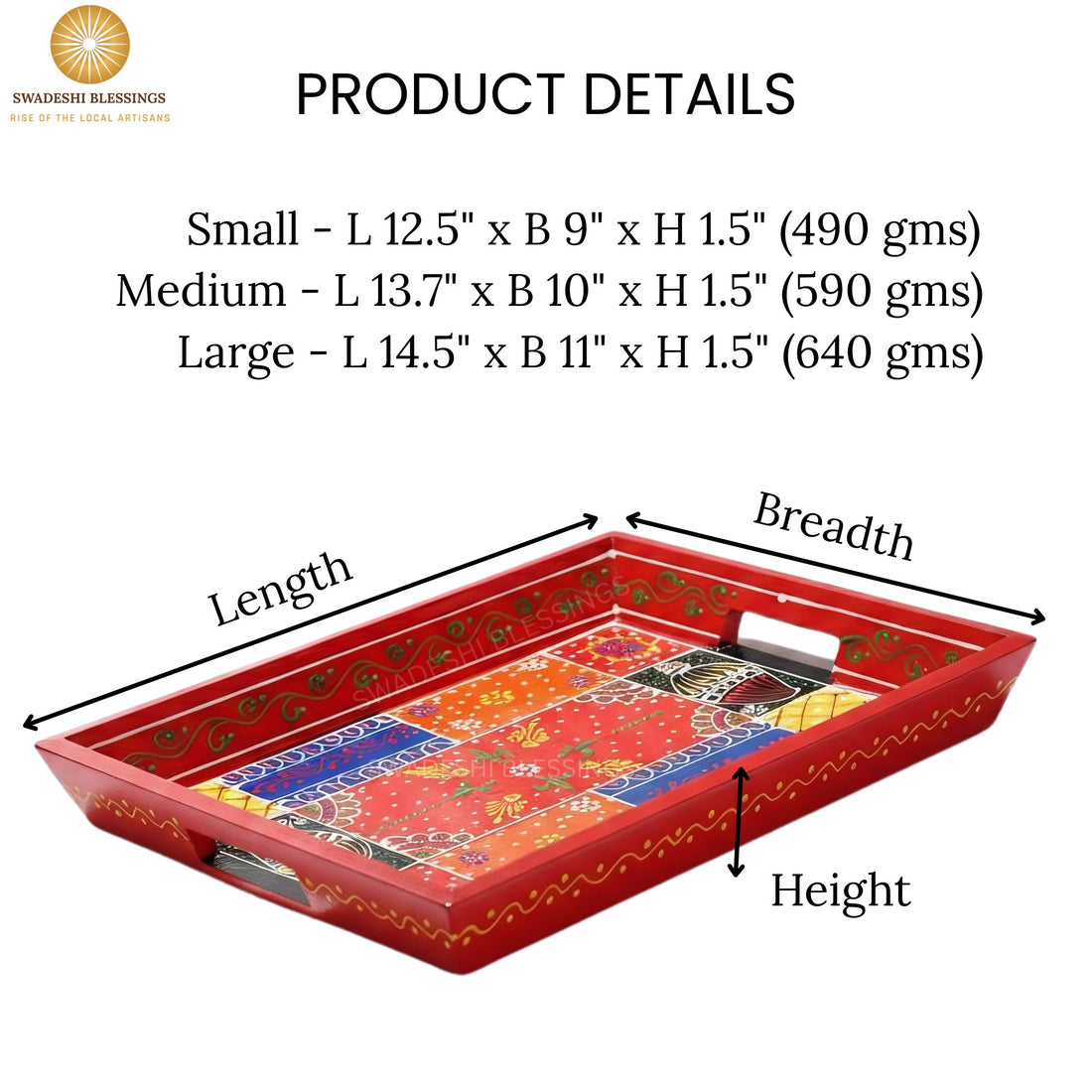 Wooden Tray for Serving- Handcrafted &amp; Hand-Painted for Kitchen/Table &amp; Home Decor/Gifts, (Single Tray) (Red)