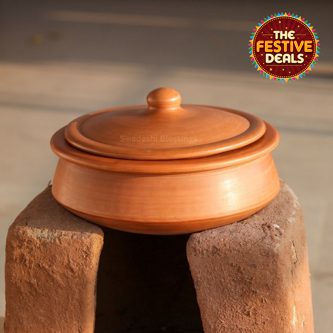 Unglazed Clay Handi/ Handmade Earthen Kadai/ Clay Pot For Cooking &amp; Serving with Lid, 2.8Liters (With Natural White Firing Shade &amp; Mirror Shine) + FREE ASH For Cleaning