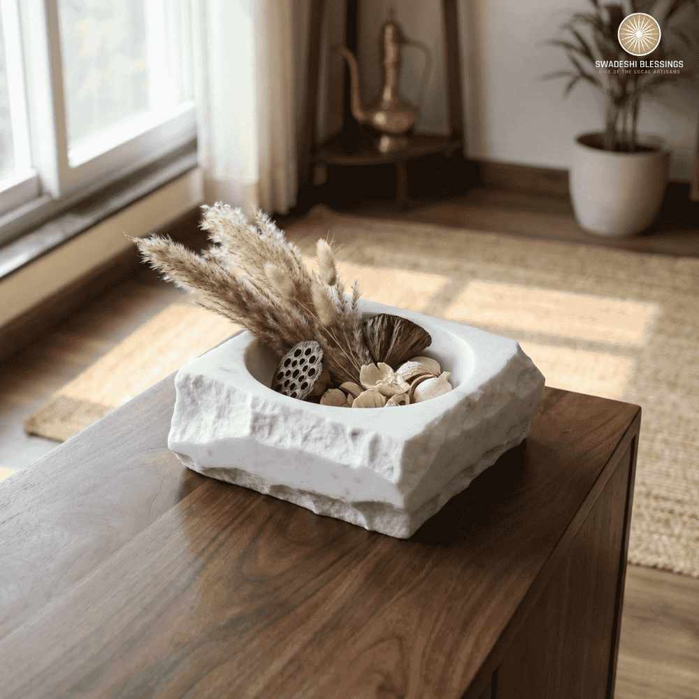 HandCrafted White Marble Rock Finish Decorative Bowl | Marble Bowl for Home Decor | Key/Fruit Bowl | Organic Modern Home Decor Bowl