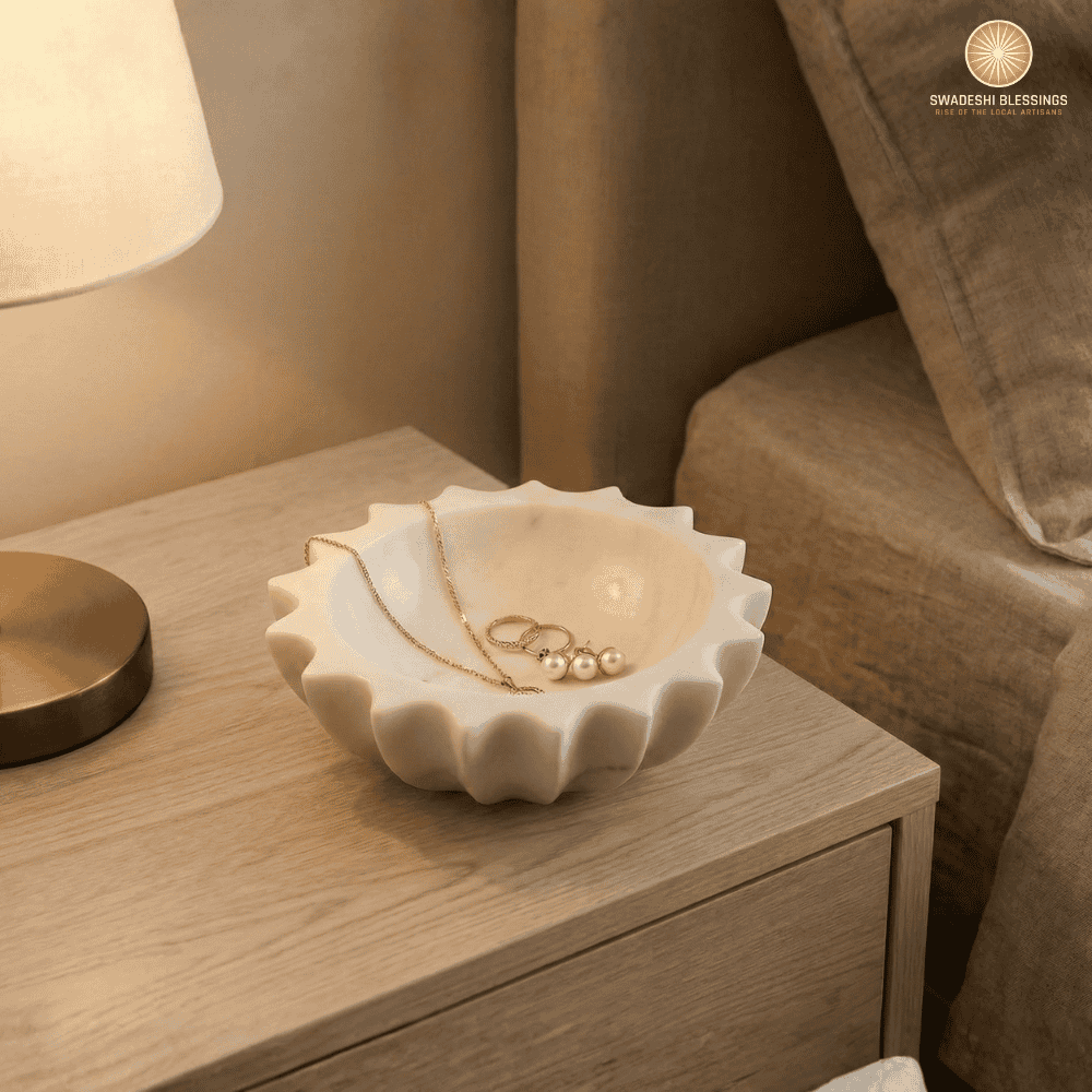 HandCrafted White Marble Decorative Bowl | Ruffle Bowl for Home Decor | Scalloped Bowl | Fluted Bowl | Organic Modern Home Decor Bowl