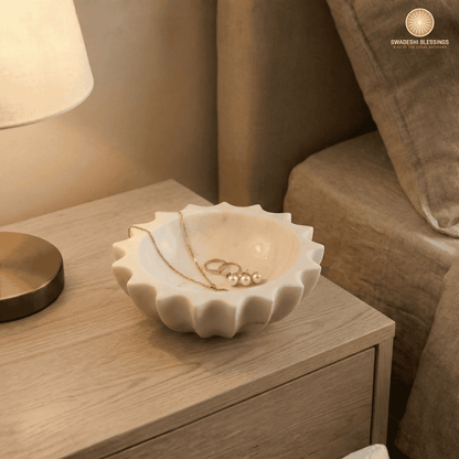 HandCrafted White Marble Decorative Bowl | Ruffle Bowl for Home Decor | Scalloped Bowl | Fluted Bowl | Organic Modern Home Decor Bowl