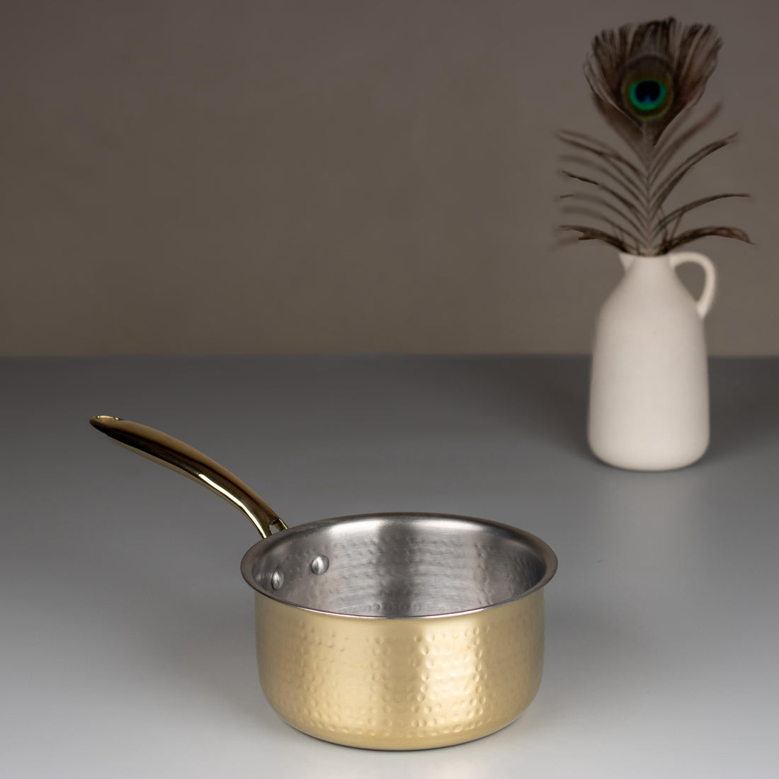 Swadeshi Blessings Exclusive Range Brass Sauce Pan for Cooking, with Lid/Teflon-Free/Naturally Non-Stick Brass Utensils with Tin Coating