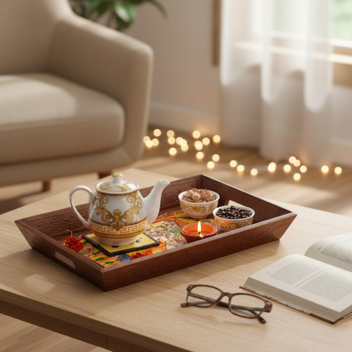 Wooden Tray for Serving- Handcrafted &amp; Hand-Painted for Kitchen/Table &amp; Home Decor/Gifts,  (Single Tray) (Brown)