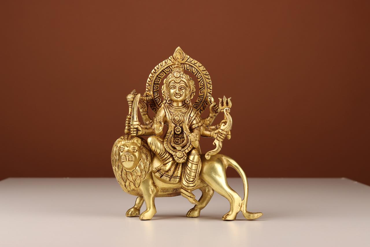 Brass Durga Idol on Lion, Maa Durga Murti, For Home &amp; Puja Ghar