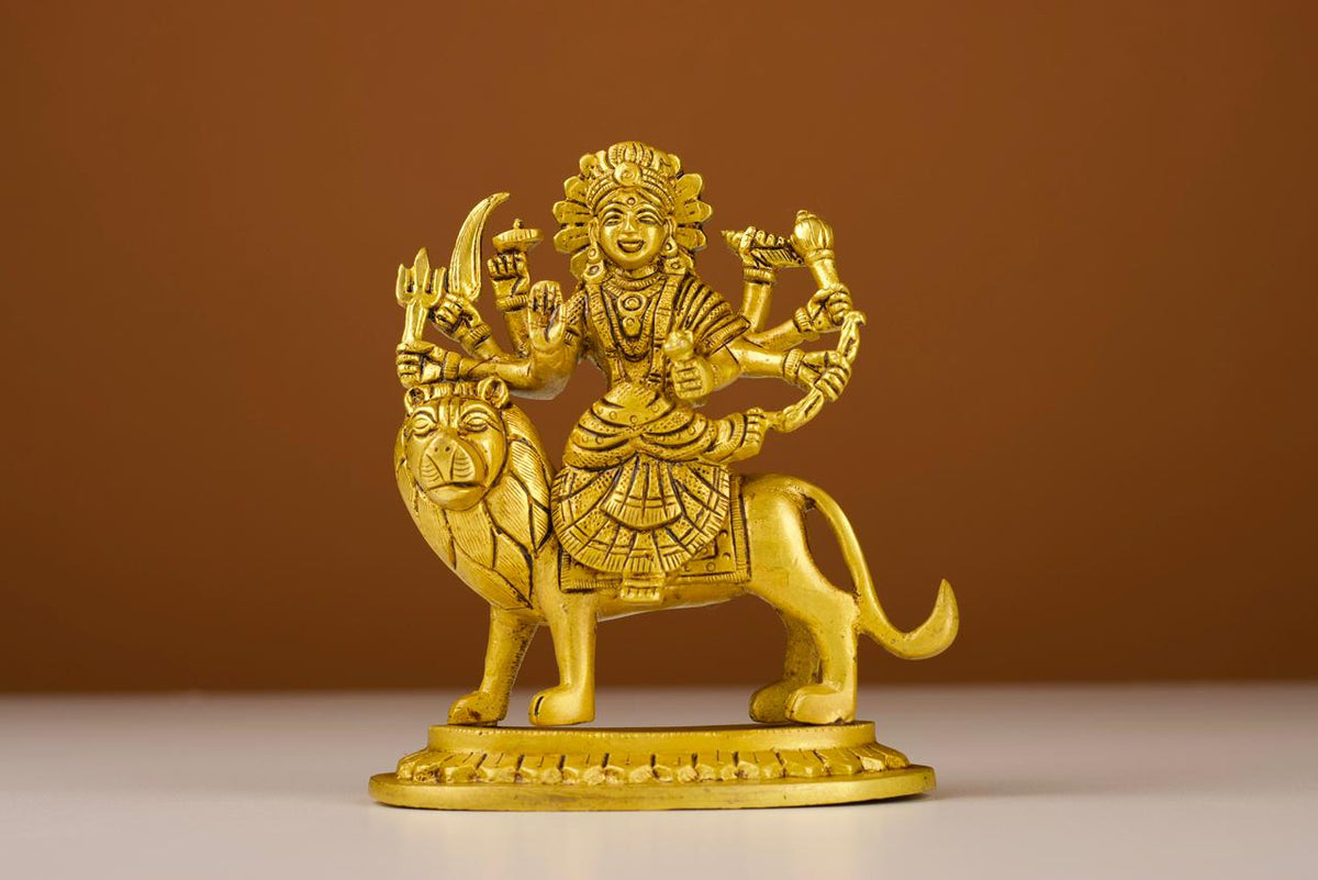 Brass Durga Idol on Lion, Maa Durga Murti, For Home &amp; Puja Ghar