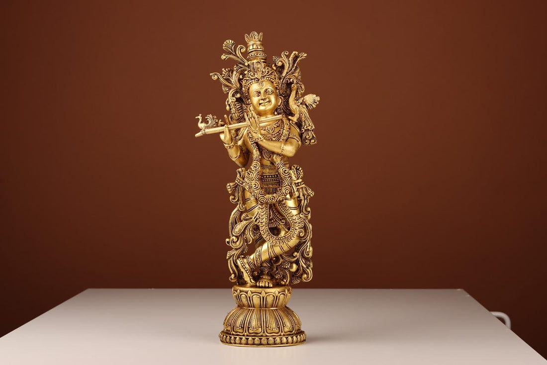 Brass Krishna Murti in Tribhanga Pose with Flute, Lord Krishna Murti, For Mandir &amp; Puja Ghar