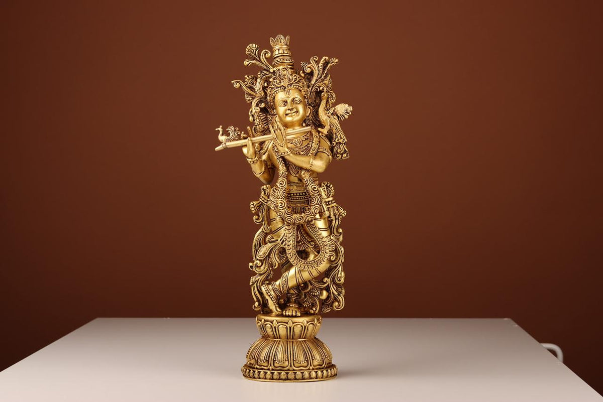 Brass Krishna Murti in Tribhanga Pose with Flute, Lord Krishna Murti, For Mandir &amp; Puja Ghar