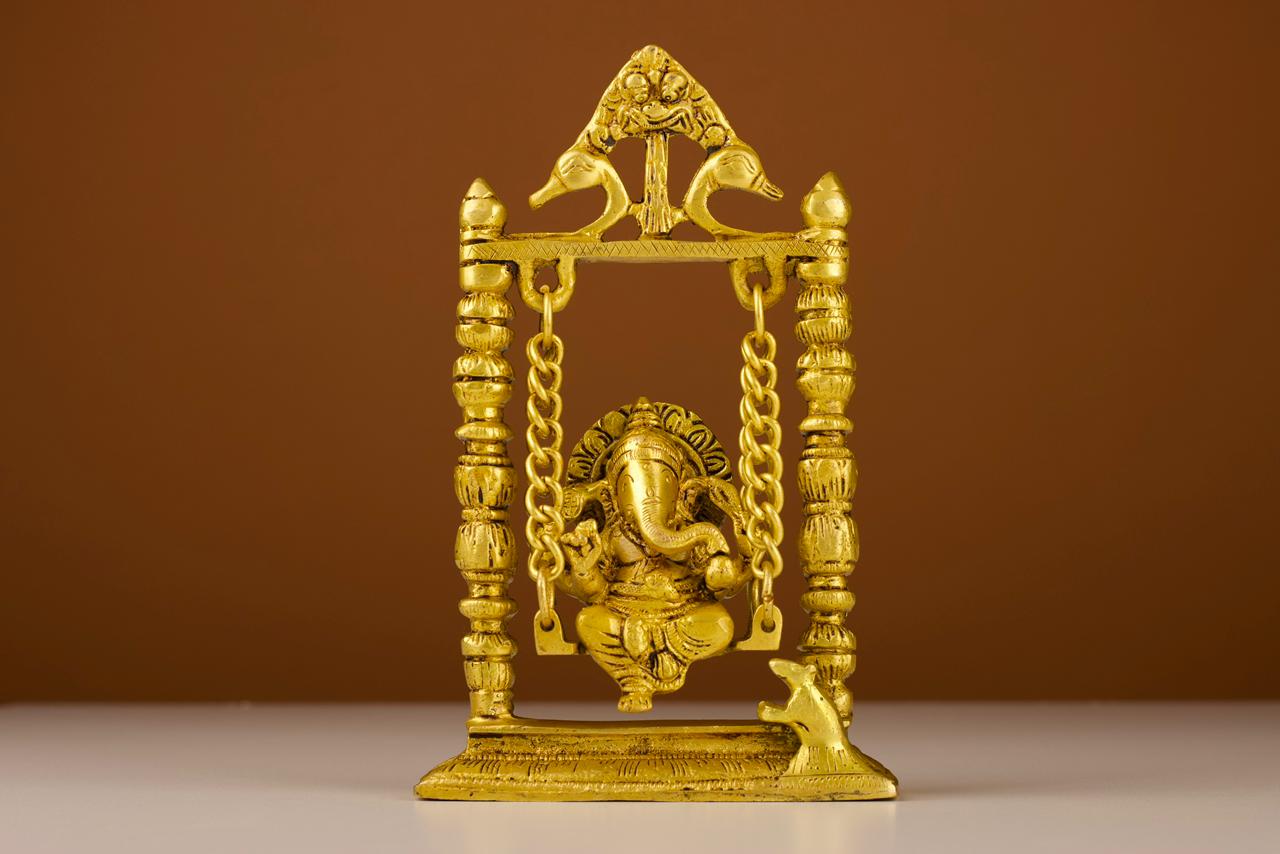 Brass Ganesha Idol on Swing (Jhula), Lord Ganpati Murti, For Mandir &amp; Puja Ghar