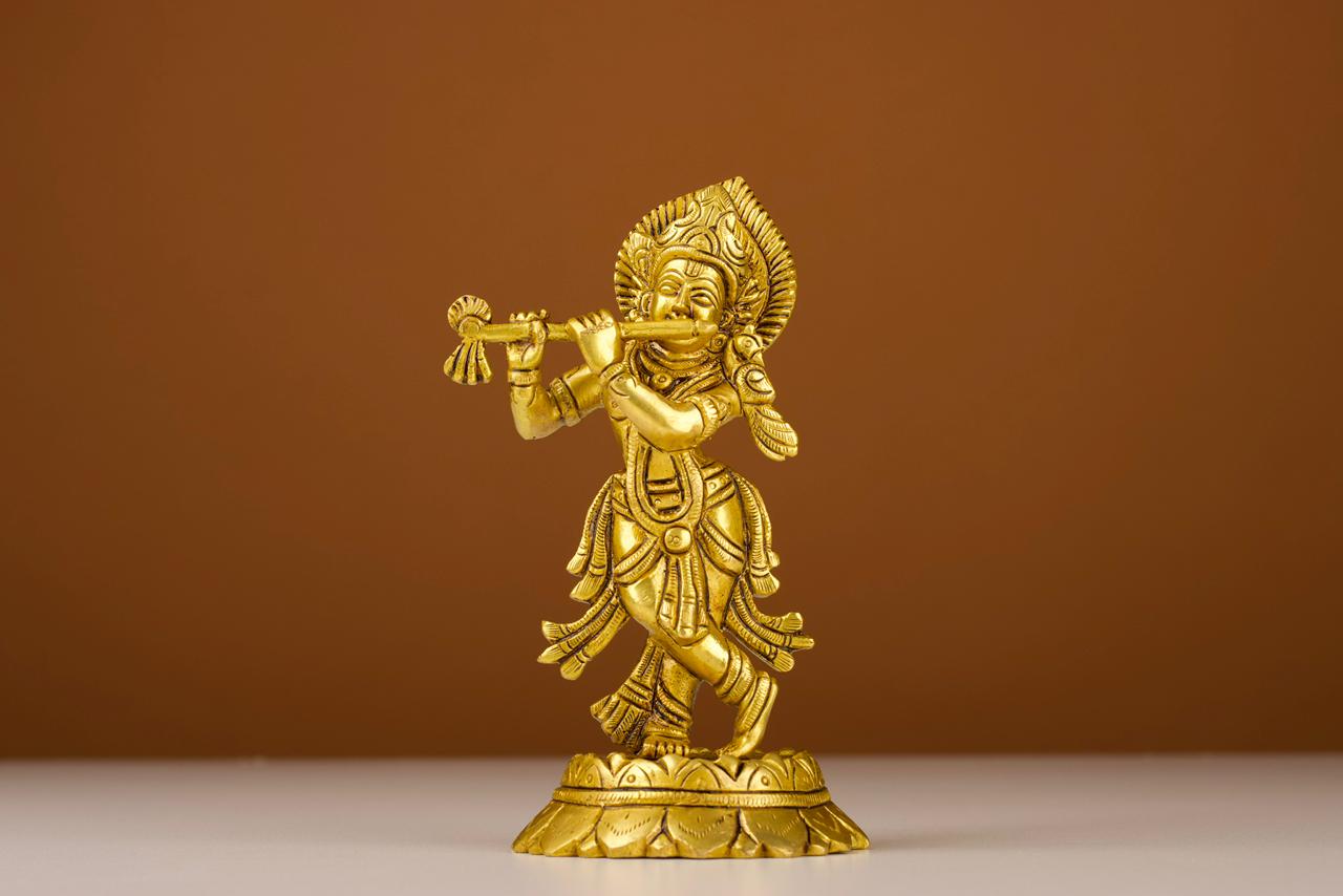 Brass Krishna Idol with Bansuri, Lord Krishna Murti, For Mandir &amp; Puja Ghar
