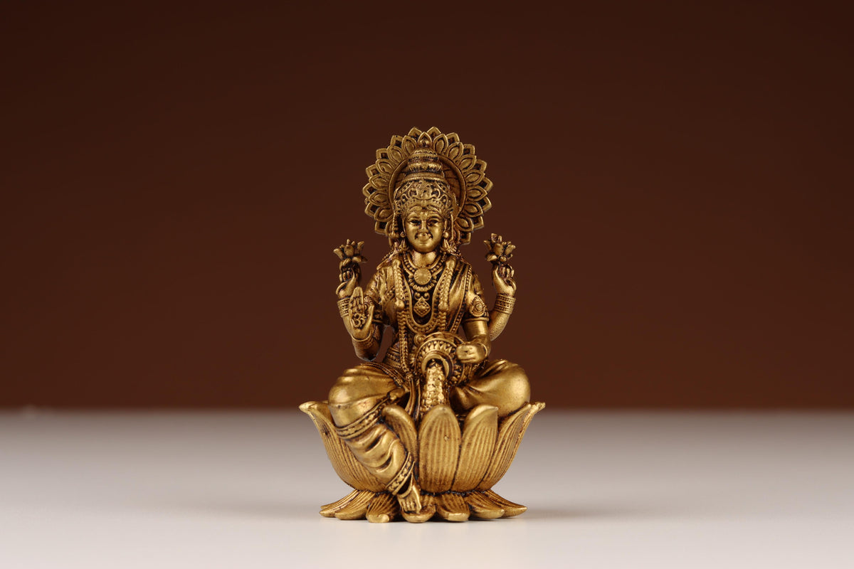 Brass Lakshmi Idol with Lotus, Goddess Lakshmi Murti, For Mandir &amp; Puja Ghar