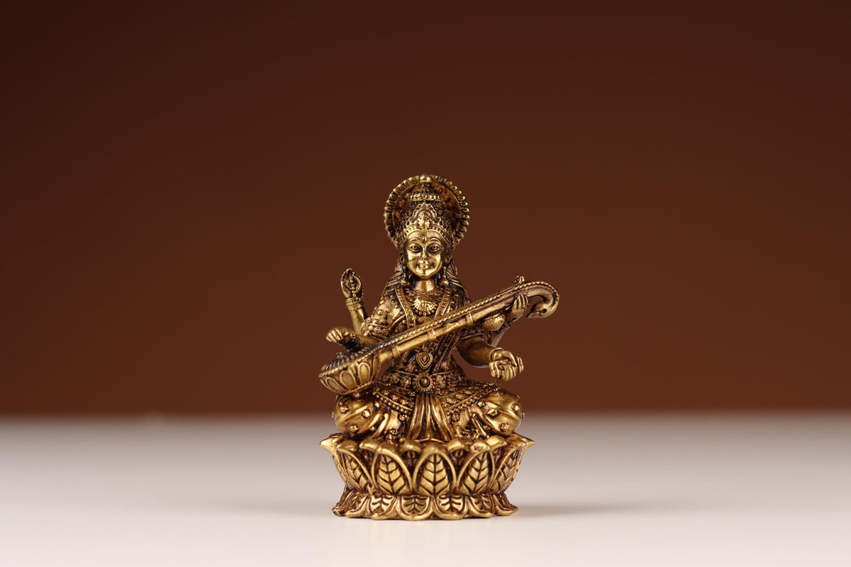 Brass Saraswati Idol with Veena, Saraswati Murti, For Mandir &amp; Puja Ghar