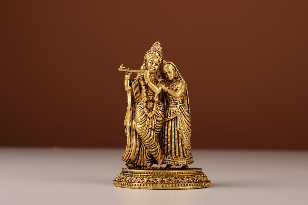 Brass Radha Krishna Idol with Flute, Radha Krishna Murti, For Mandir &amp; Puja Ghar