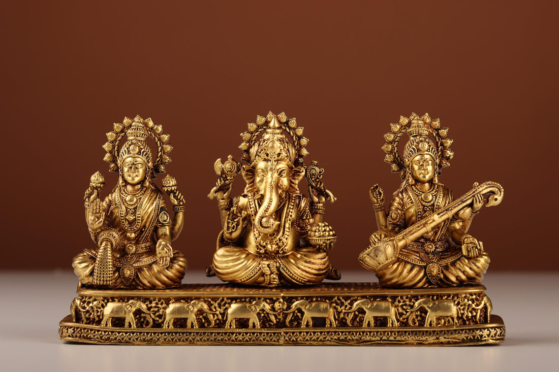 Brass Lakshmi Ganesha Saraswati Idol, Divine Trinity Murti, For Puja Ghar &amp; Mandir