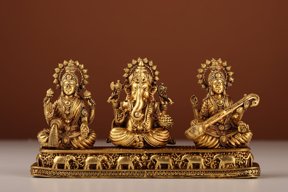Brass Lakshmi Ganesha Saraswati Idol, Divine Trinity Murti, For Puja Ghar &amp; Mandir