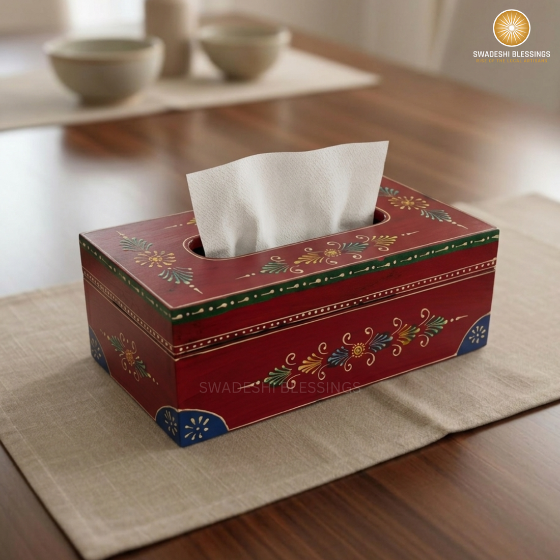 Wooden Tissue Box, Handpainted Tissue Holder, Tabletop Tissue Box for Living Room, Dining Table, Office