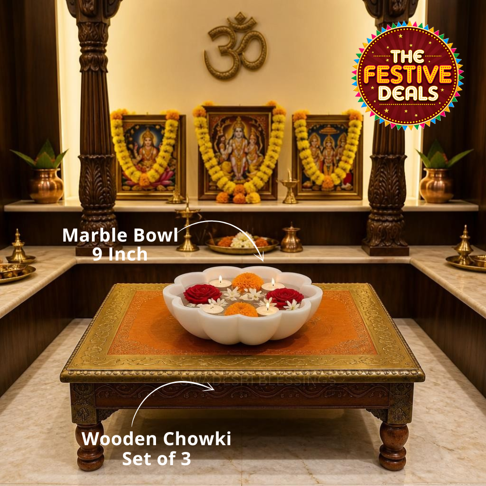 Handcrafted White Marble Ruffle Bowl 9 Inch + Wooden Pooja Chowki Set of 3 | Traditional Pooja Decor | Mandir Chowki
