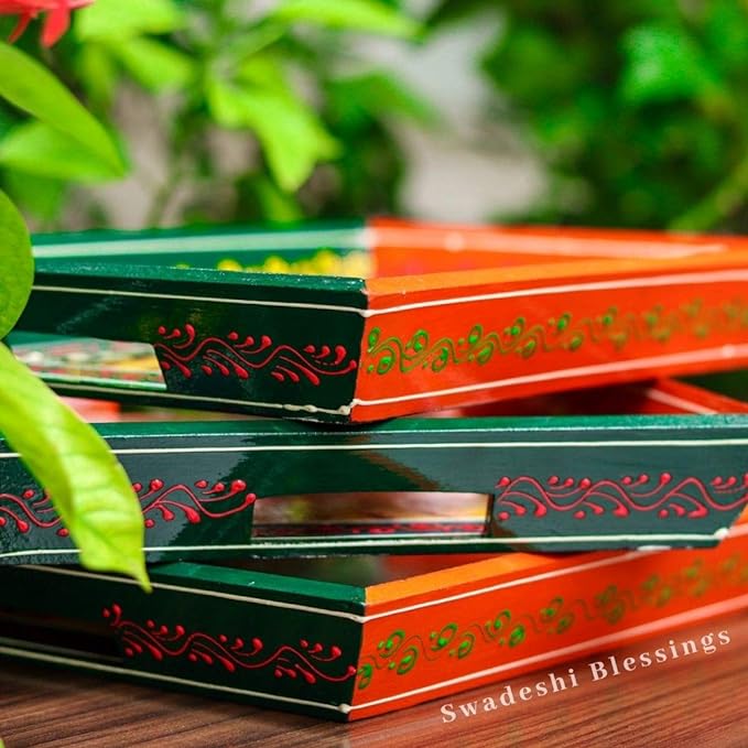 Wooden Serving Tray Set- Handcrafted & Hand-Painted for Kitchen/Table & Home Decor- Orange