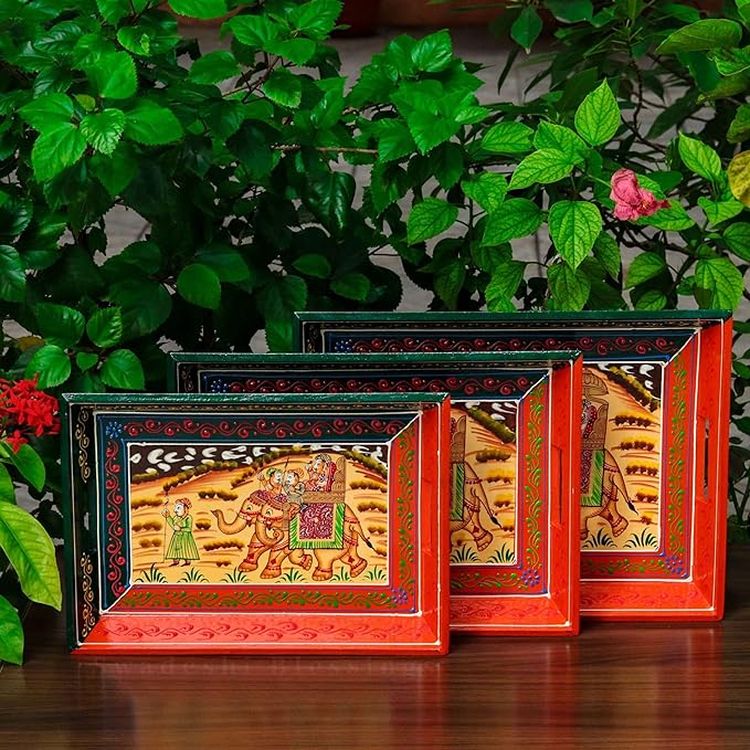 Wooden Serving Tray Set- Handcrafted & Hand-Painted for Kitchen/Table & Home Decor- Orange